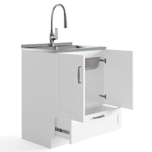 Pure White | Reed 28 inch Laundry Cabinet with Pull-out Faucet and Stainless Steel Sink