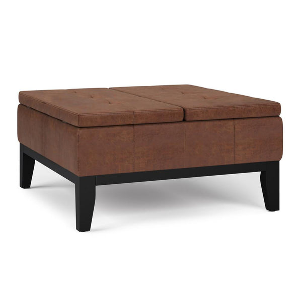 Distressed Saddle Brown Distressed Vegan Leather | Dover Square Vegan Leather Coffee Table Storage Ottoman
