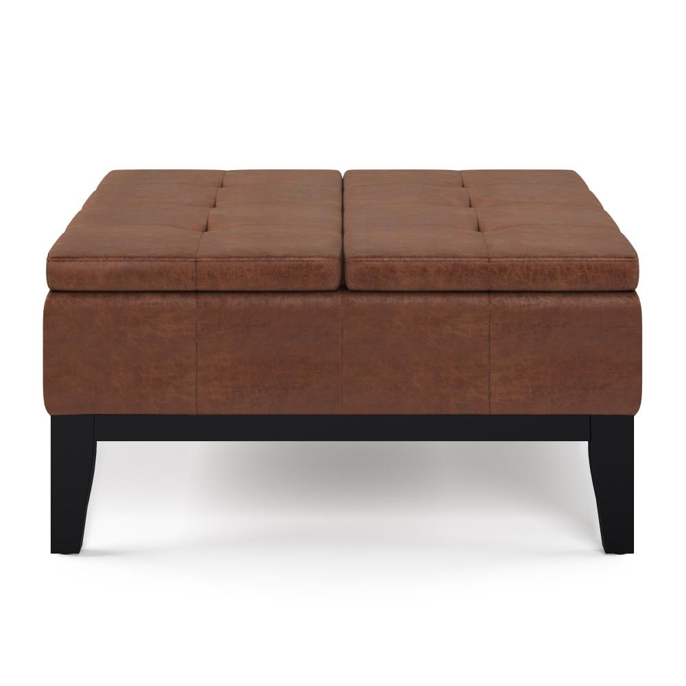 Distressed Saddle Brown Distressed Vegan Leather | Dover Square Vegan Leather Coffee Table Storage Ottoman