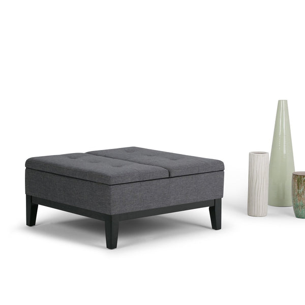Slate Grey Linen Style Fabric | Dover Square Vegan Leather Coffee Table Storage Ottoman