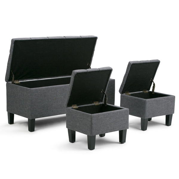 Slate Grey Linen Style Fabric | Dover 3 piece Vegan Leather Storage Ottoman