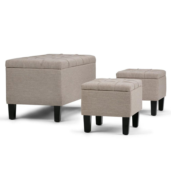 Natural Linen Style Fabric | Dover 3 piece Vegan Leather Storage Ottoman