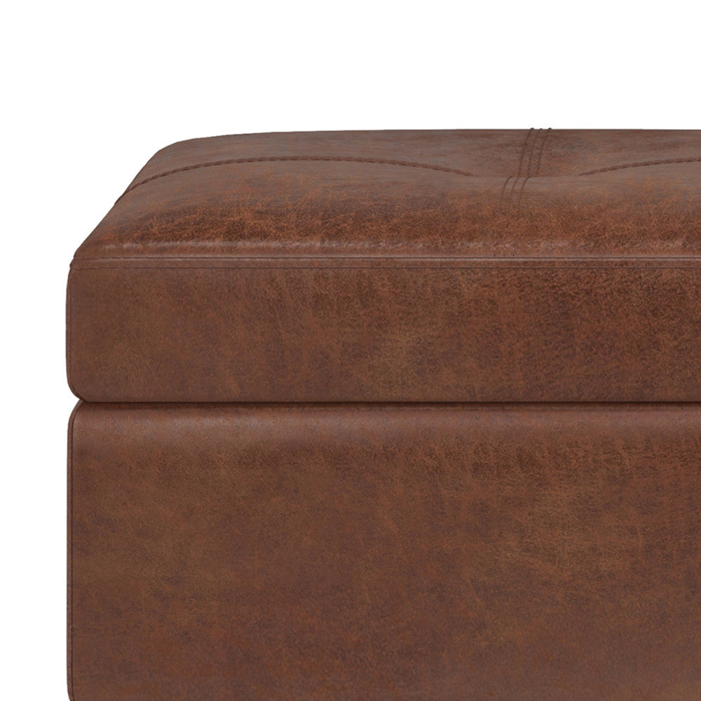Distressed Saddle Brown Distressed Vegan Leather | Oregon Storage Ottoman Bench with Tray in Distressed Vegan Leather