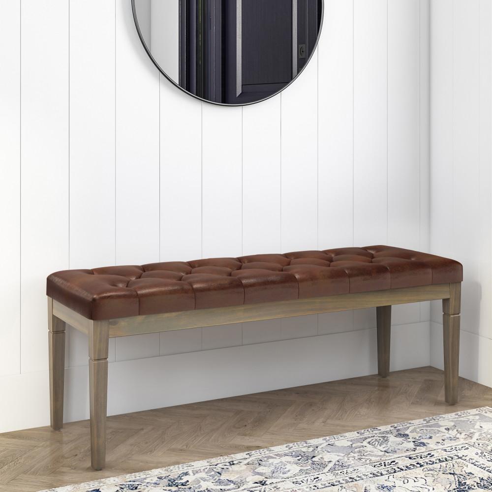 Distressed Saddle Brown Distressed Vegan Leather | Waverly Tufted Ottoman Bench