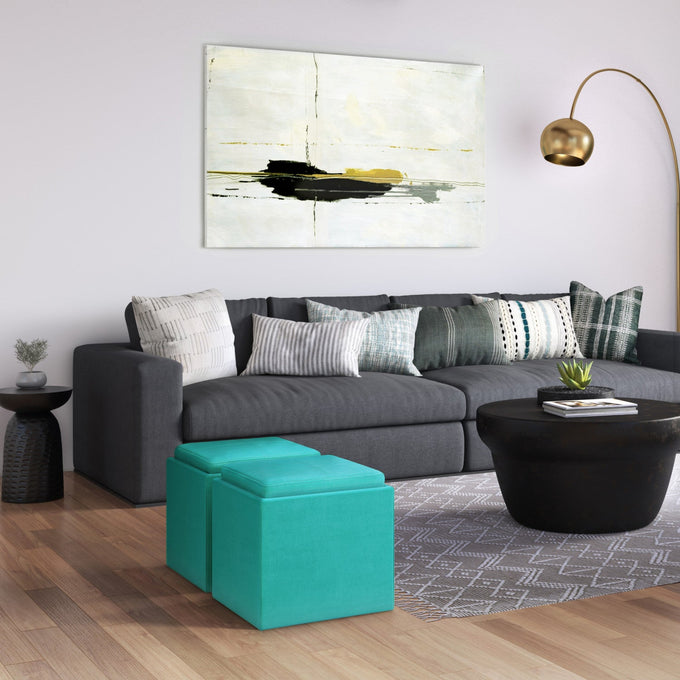 Aqua Blue Velvet Fabric | Rockwood Vegan Leather Cube Storage Ottoman with Tray