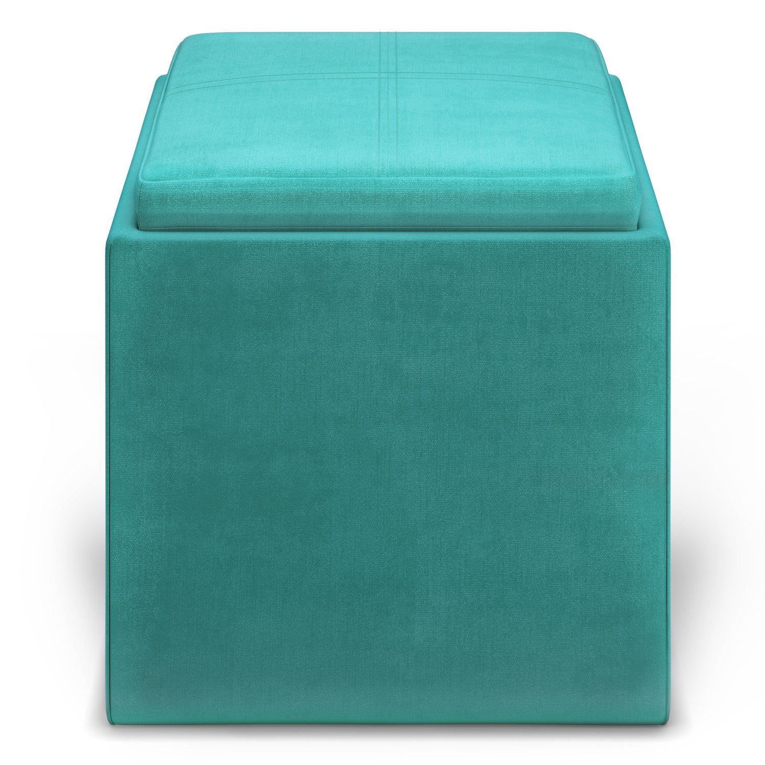 Aqua Blue Velvet Fabric | Rockwood Vegan Leather Cube Storage Ottoman with Tray