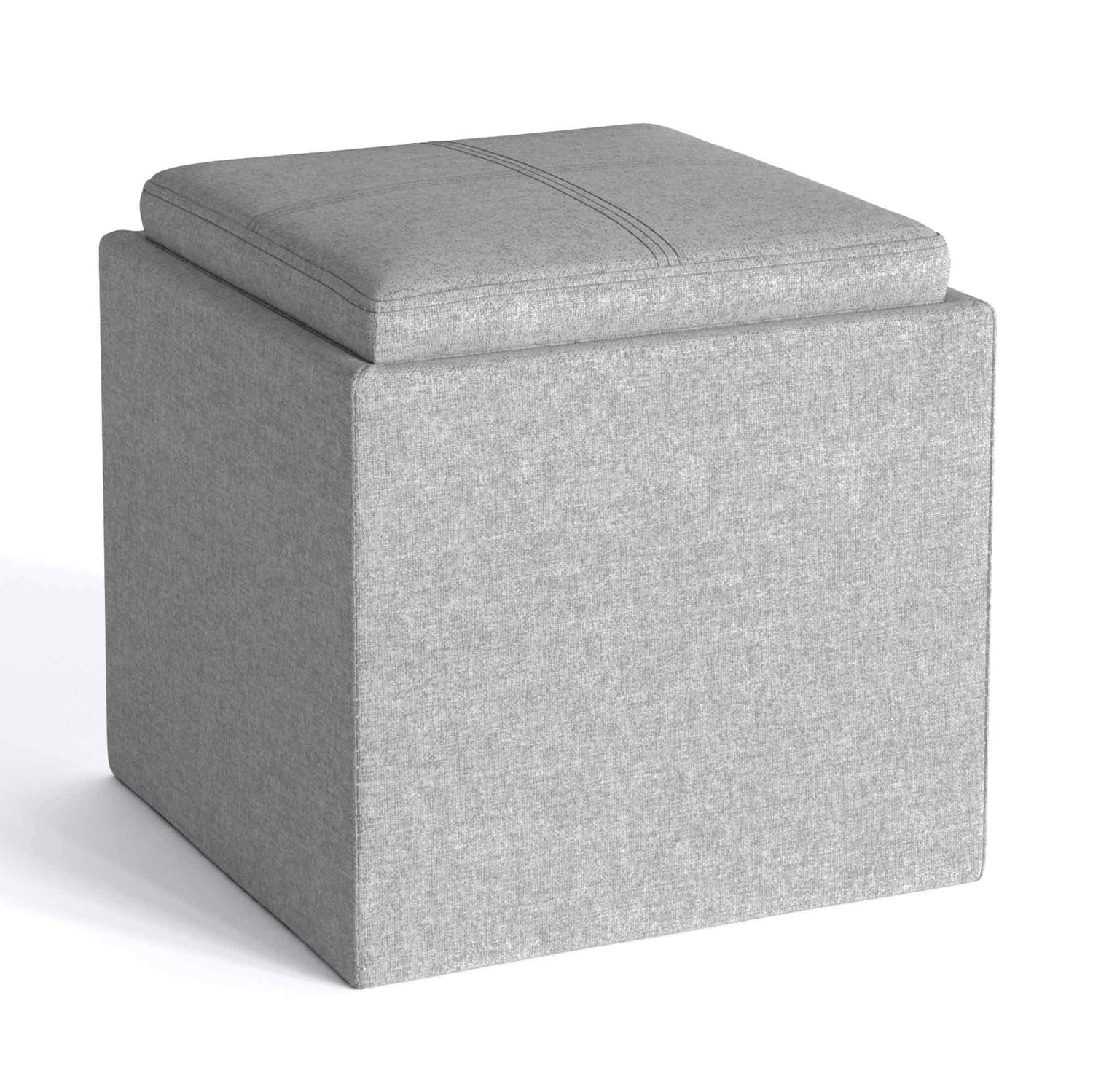 Cloud Grey Linen Style Fabric | Rockwood Vegan Leather Cube Storage Ottoman with Tray