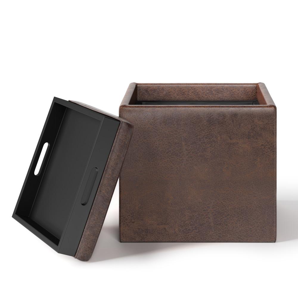 Distressed Chestnut Brown Distressed Vegan Leather | Rockwood Vegan Leather Cube Storage Ottoman with Tray