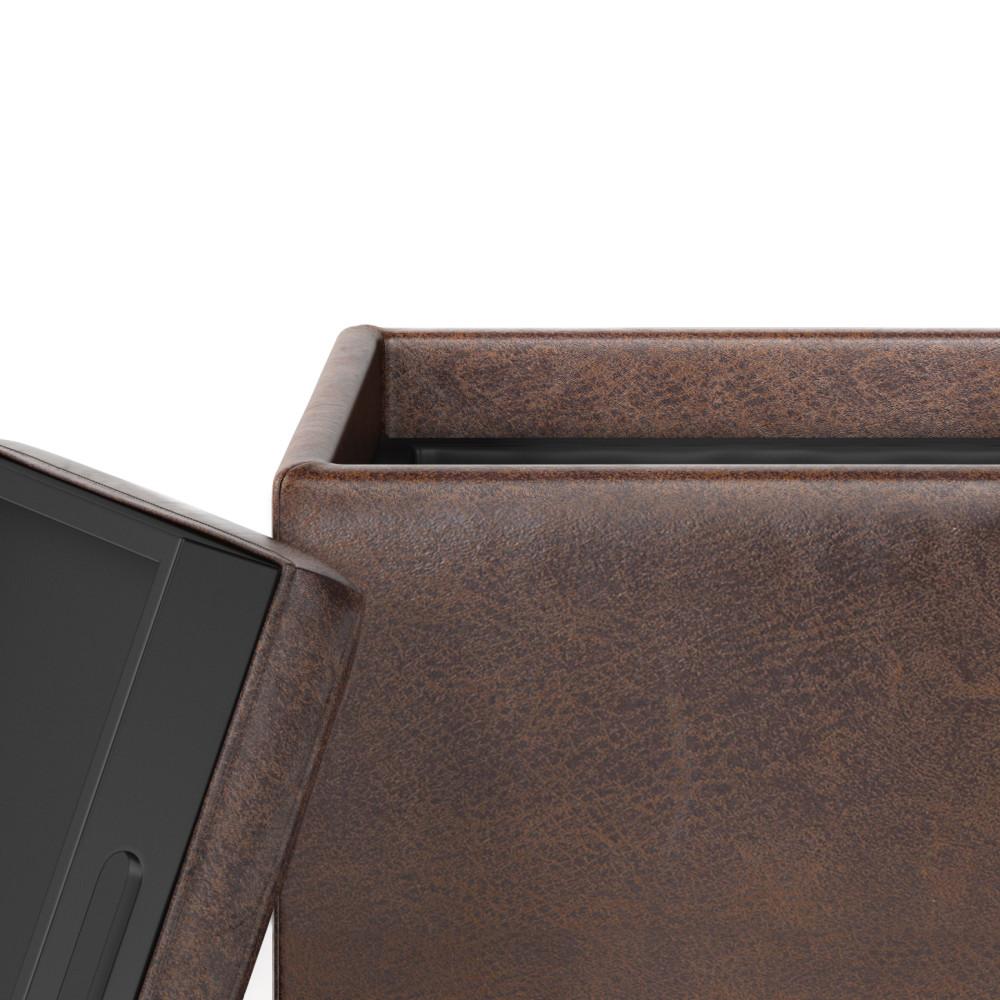 Distressed Chestnut Brown Distressed Vegan Leather | Rockwood Vegan Leather Cube Storage Ottoman with Tray