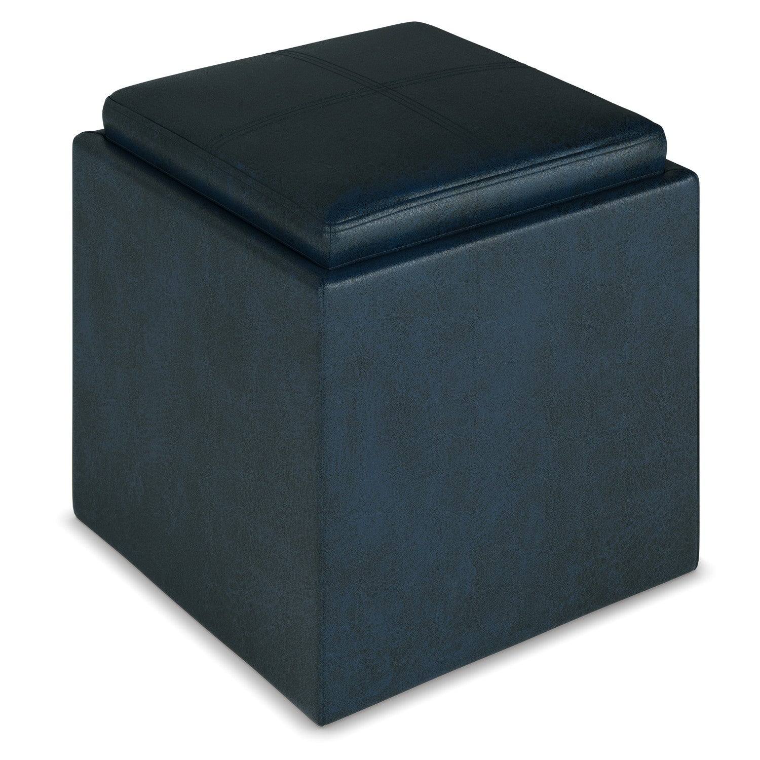 Distressed Dark Blue Distressed Vegan Leather | Rockwood Vegan Leather Cube Storage Ottoman with Tray