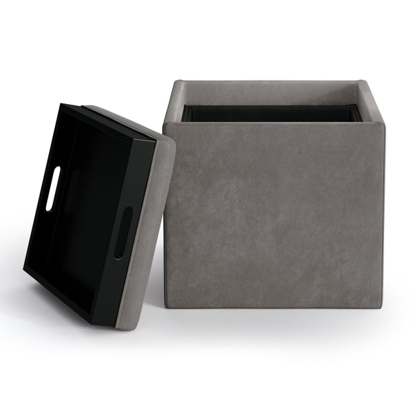 Distressed Slate Grey Distressed Vegan Leather | Rockwood Vegan Leather Cube Storage Ottoman with Tray