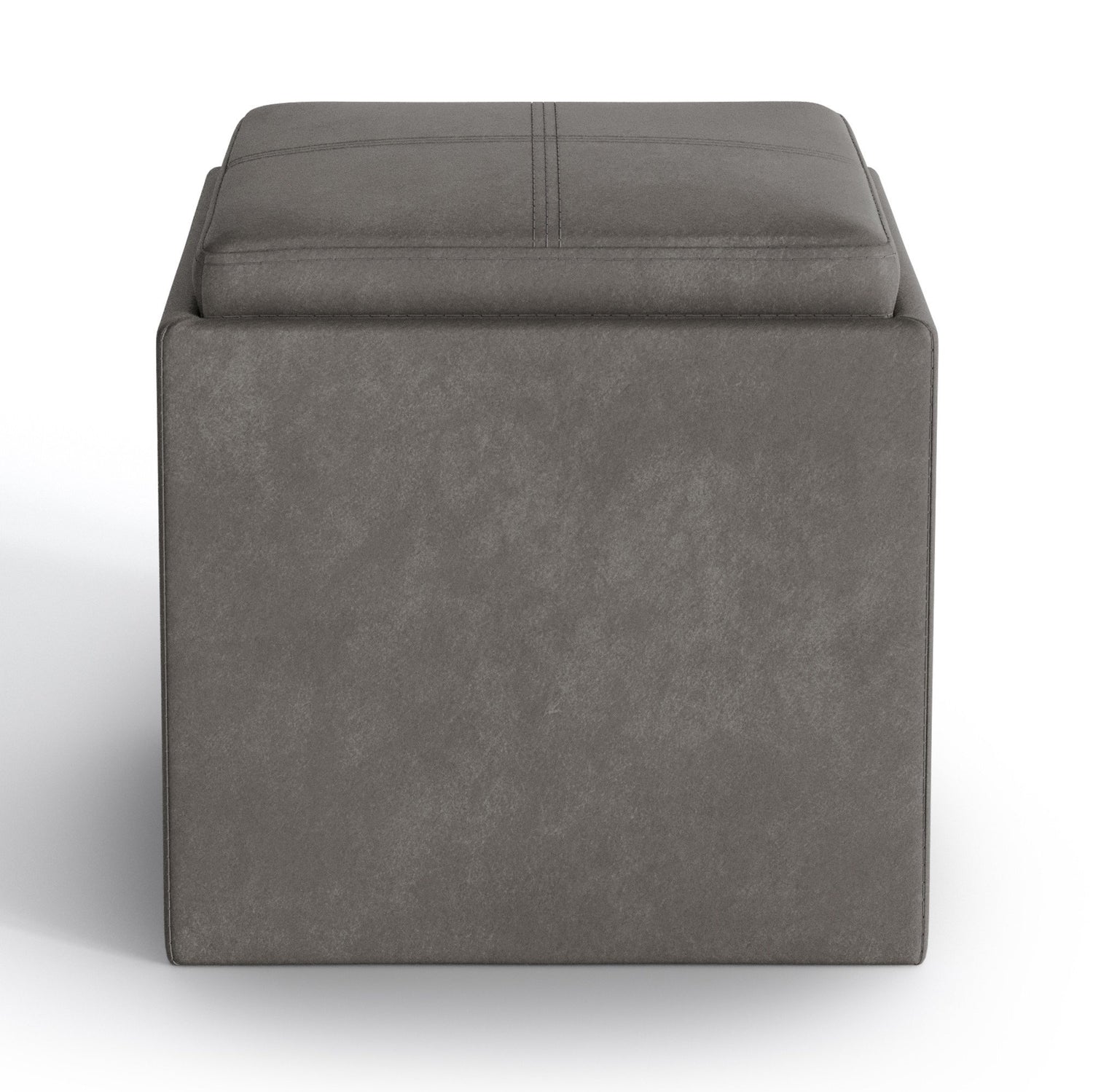 Distressed Slate Grey Distressed Vegan Leather | Rockwood Vegan Leather Cube Storage Ottoman with Tray