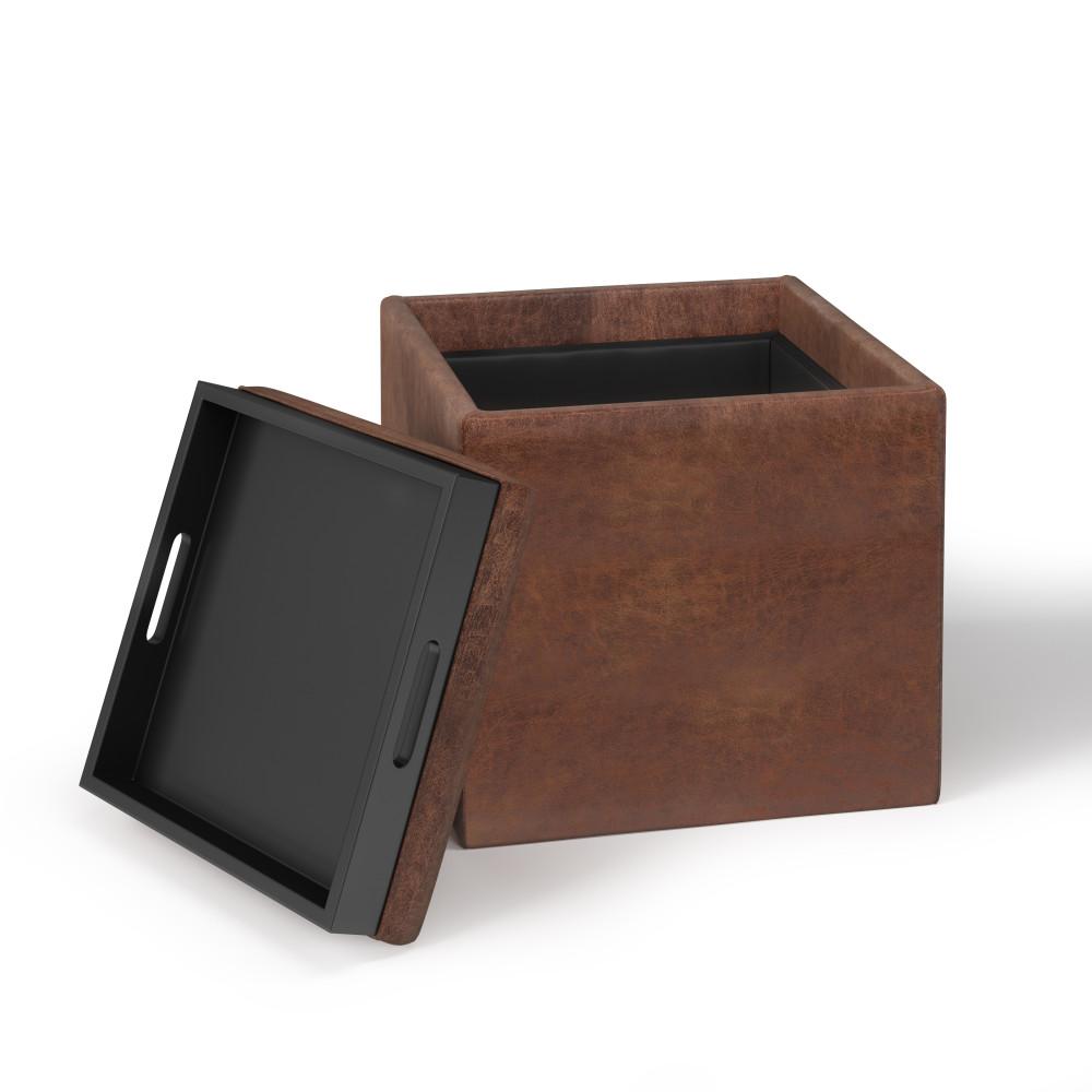 Distressed Saddle Brown Distressed Vegan Leather | Rockwood Vegan Leather Cube Storage Ottoman with Tray