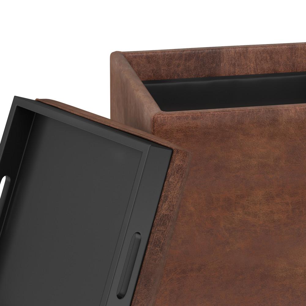 Distressed Saddle Brown Distressed Vegan Leather | Rockwood Vegan Leather Cube Storage Ottoman with Tray