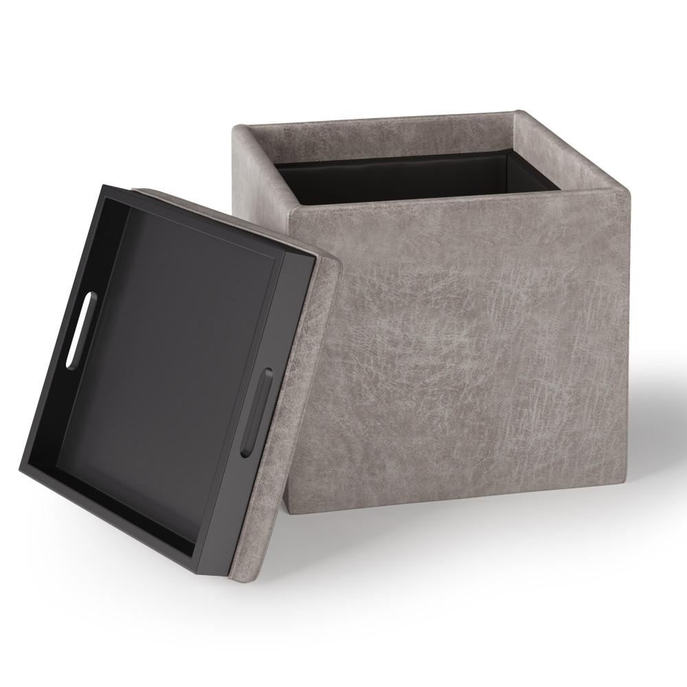 Distressed Grey Taupe Distressed Vegan Leather | Rockwood Vegan Leather Cube Storage Ottoman with Tray
