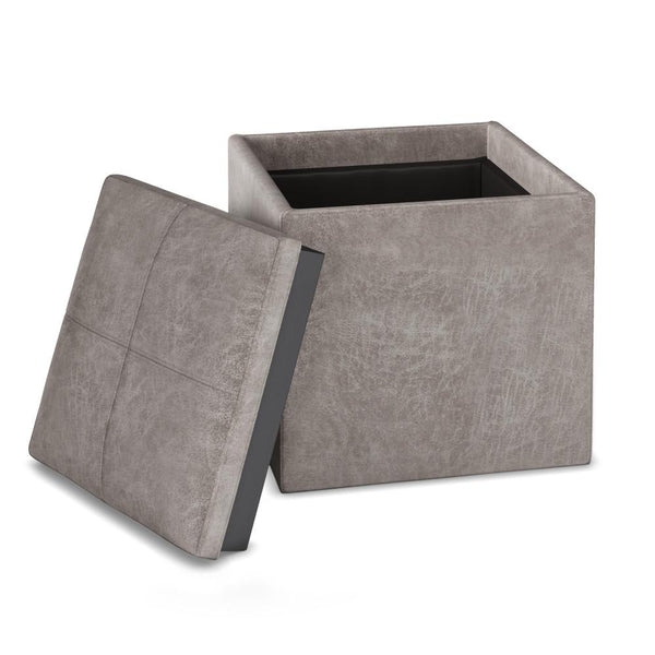 Distressed Grey Taupe Distressed Vegan Leather | Rockwood Vegan Leather Cube Storage Ottoman with Tray