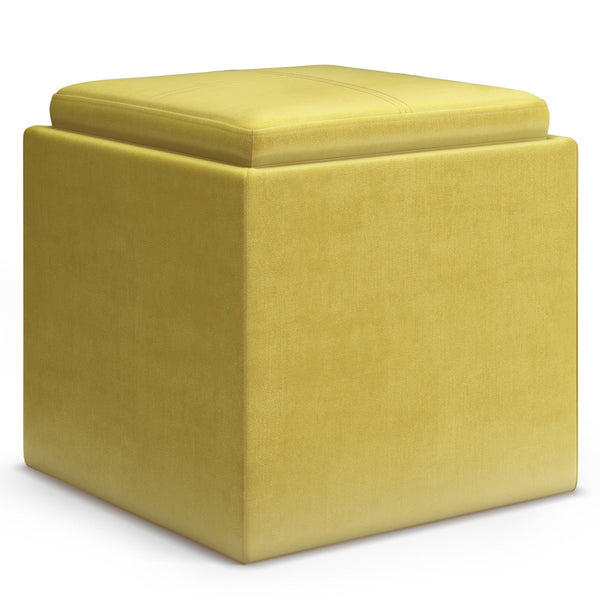 Dijon Yellow Velvet Fabric | Rockwood Vegan Leather Cube Storage Ottoman with Tray