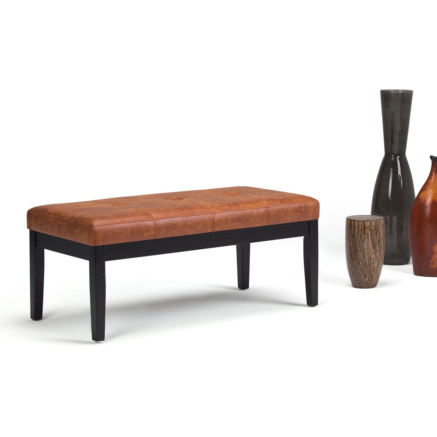 Distressed Saddle Brown Distressed Vegan Leather | Lacey Tufted Ottoman Bench