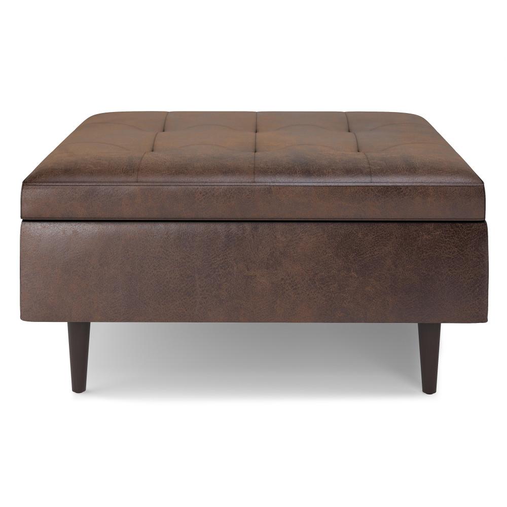 Distressed Chestnut Brown Distressed Vegan Leather | Shay Mid Century Large Square Coffee Table Storage Ottoman