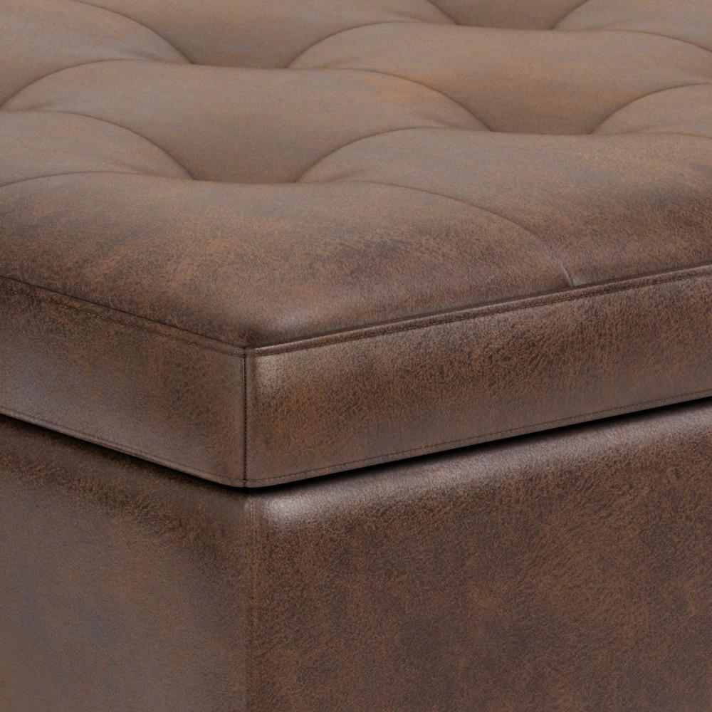 Distressed Chestnut Brown Faux Distressed Leather | Shay Mid Century Large Square Coffee Table Storage Ottoman