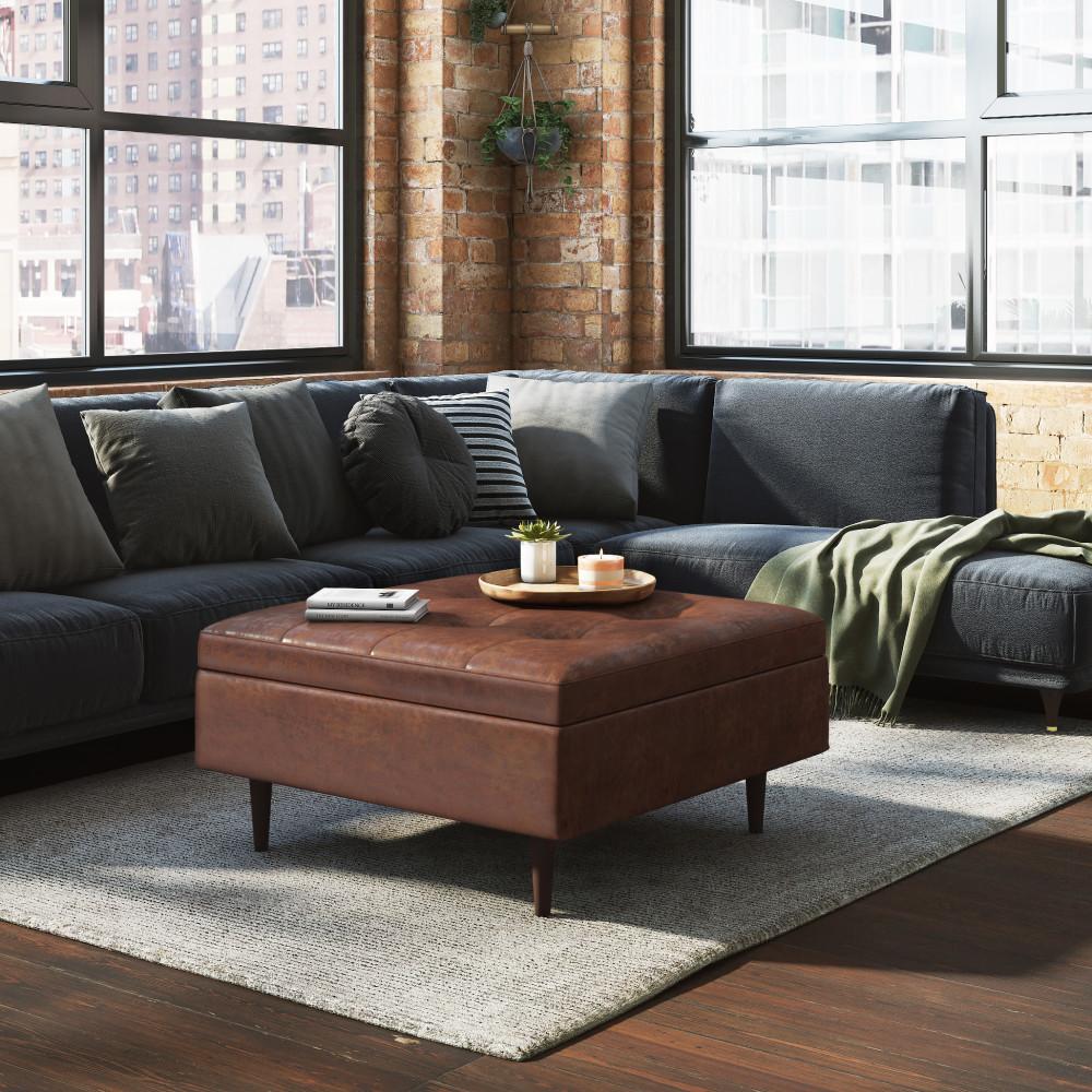 Distressed Saddle Brown Faux Distressed Leather | Shay Mid Century Large Square Coffee Table Storage Ottoman