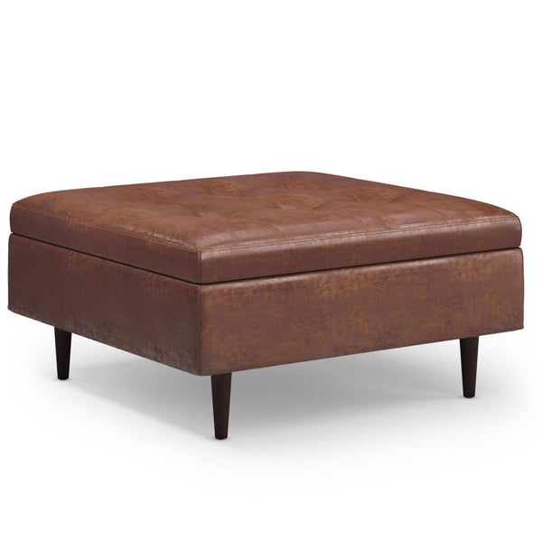 Distressed Saddle Brown Faux Distressed Leather | Shay Mid Century Large Square Coffee Table Storage Ottoman
