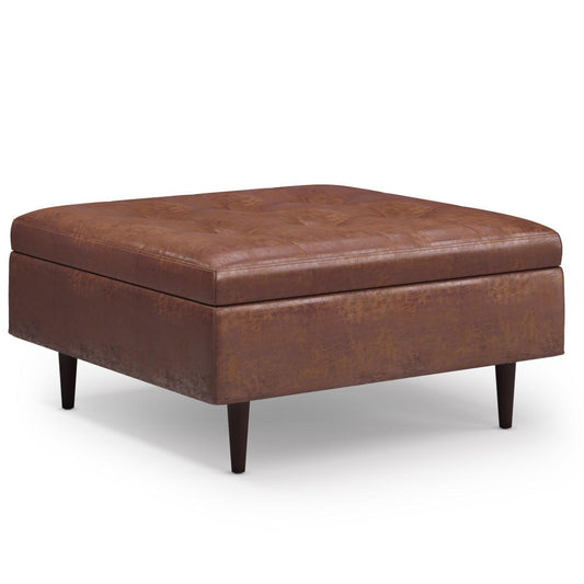 Distressed Saddle Brown Faux Distressed Leather | Shay Mid Century Large Square Coffee Table Storage Ottoman