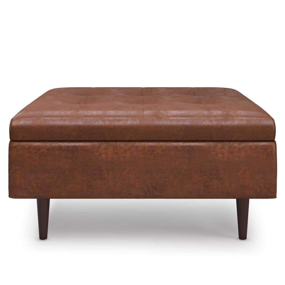 Distressed Saddle Brown Faux Distressed Leather | Shay Mid Century Large Square Coffee Table Storage Ottoman