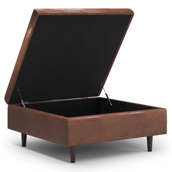 Distressed Saddle Brown Faux Distressed Leather | Shay Mid Century Large Square Coffee Table Storage Ottoman