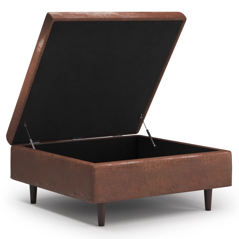 Distressed Saddle Brown Faux Distressed Leather | Shay Mid Century Large Square Coffee Table Storage Ottoman