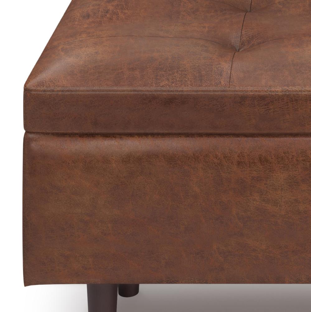 Distressed Saddle Brown Distressed Vegan Leather | Shay Mid Century Rectangular Storage Ottoman