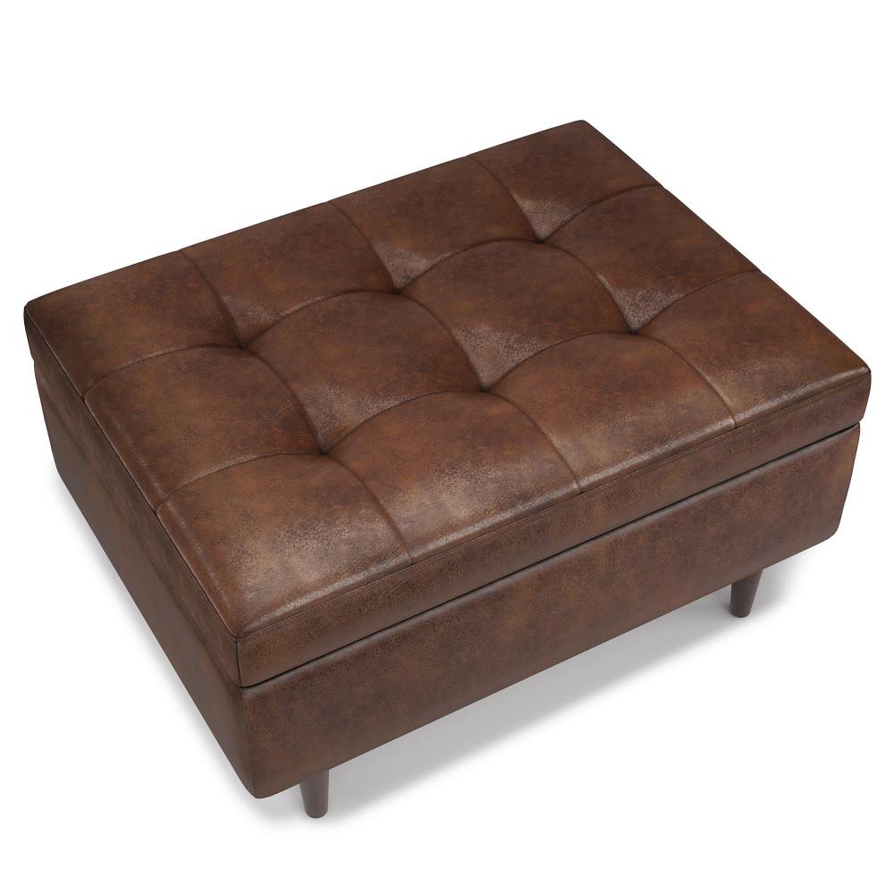  Distressed Chestnut Brown Distressed Vegan Leather | Shay Mid Century Small Square Coffee Table Storage Ottoman