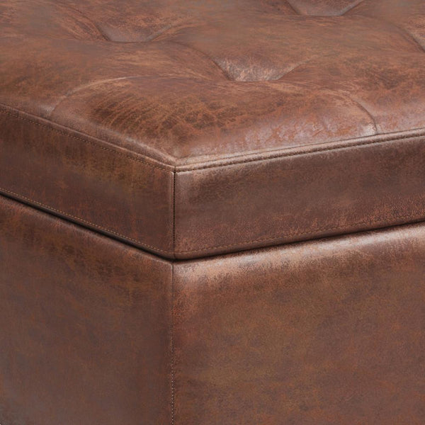Distressed Saddle Brown Distressed Vegan Leather | Shay Mid Century Small Square Coffee Table Storage Ottoman
