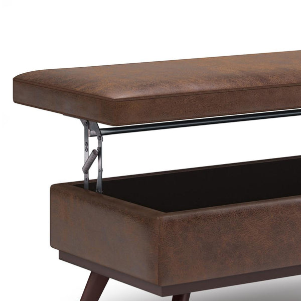 Distressed Chestnut Brown Distressed Vegan Leather | Owen Lift Top Large Coffee Table Storage Ottoman