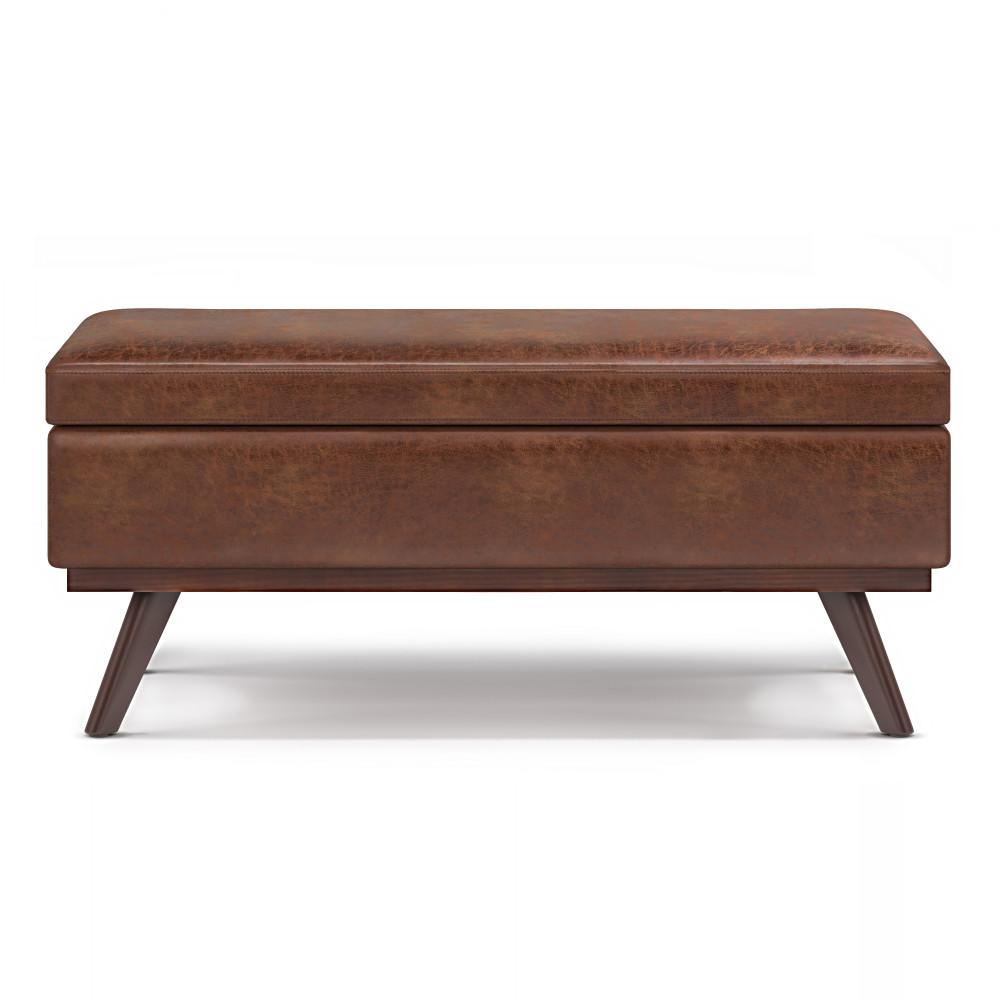 Distressed Saddle Brown Distressed Vegan Leather | Owen Lift Top Large Coffee Table Storage Ottoman