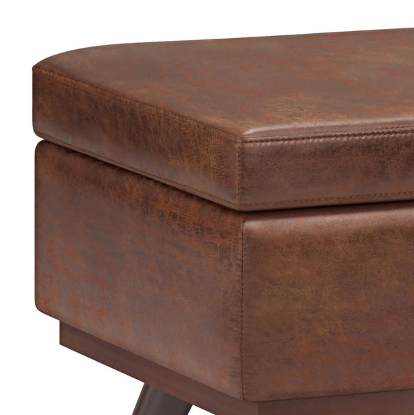 Distressed Saddle Brown Distressed Vegan Leather | Owen Lift Top Large Coffee Table Storage Ottoman