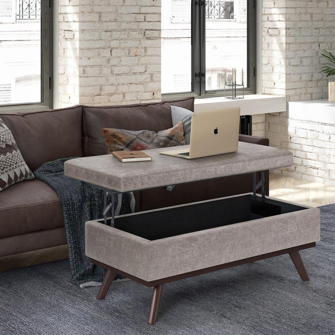 Distressed Grey Distressed Vegan Leather | Owen Lift Top Large Coffee Table Storage Ottoman