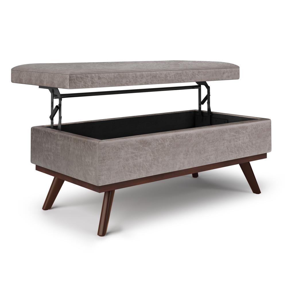 Distressed Grey Distressed Vegan Leather | Owen Lift Top Large Coffee Table Storage Ottoman