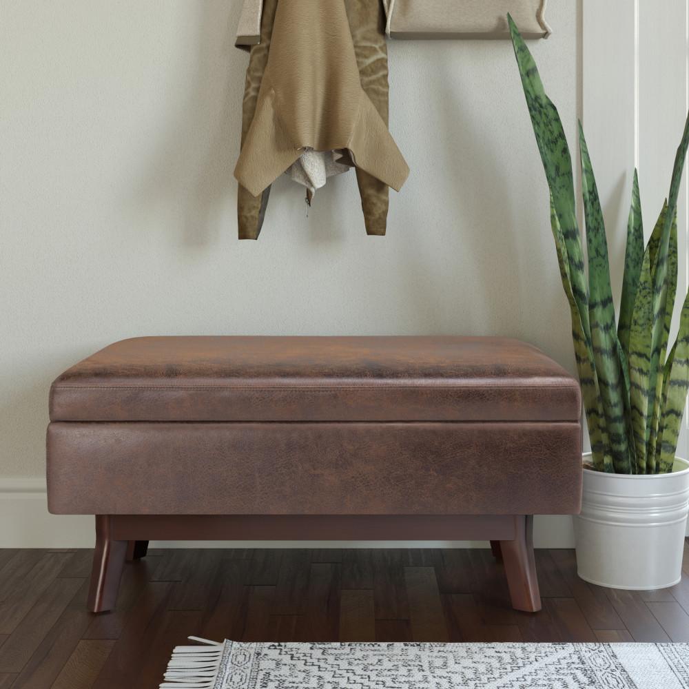 Distressed Chestnut Brown Distressed Vegan Leather | Owen Small Rectangular Storage Ottoman