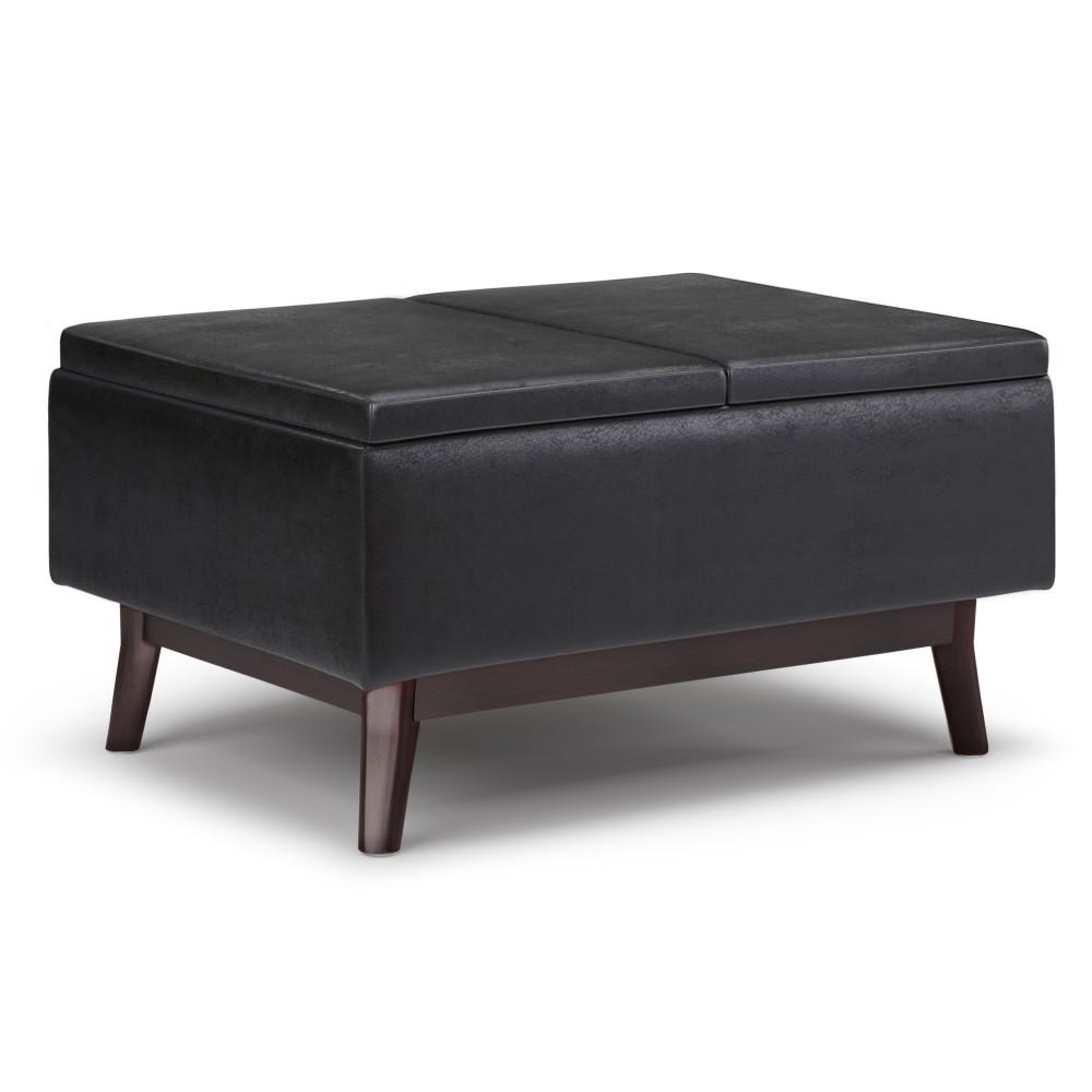 Distressed Black Distressed Vegan Leather | Owen Tray Top Small Coffee Table Storage Ottoman