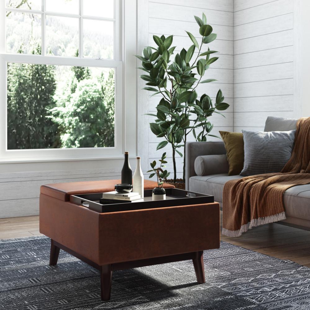 Distressed Saddle Brown Distressed Vegan Leather | Owen Tray Top Small Coffee Table Storage Ottoman