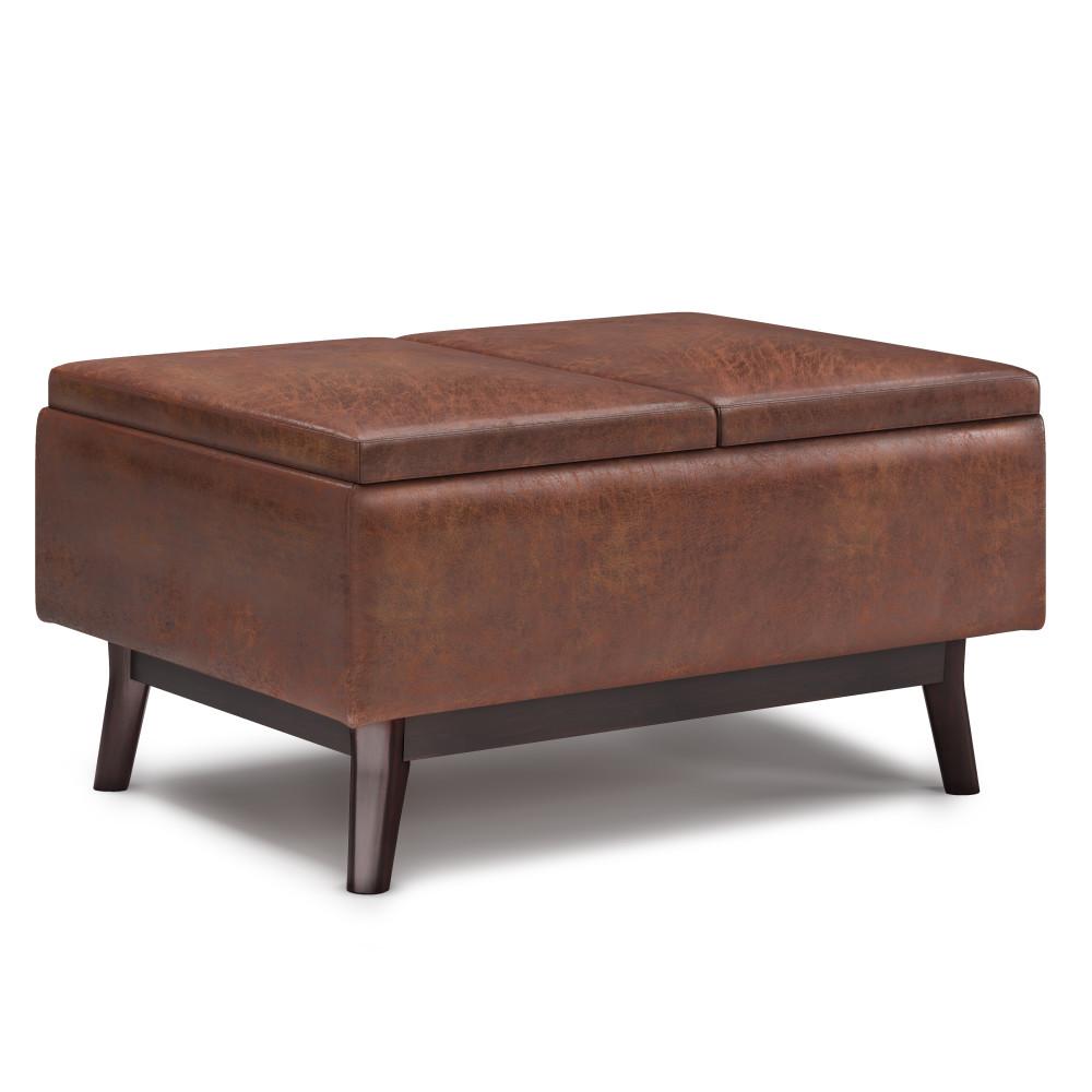 Distressed Saddle Brown Distressed Vegan Leather | Owen Tray Top Small Coffee Table Storage Ottoman