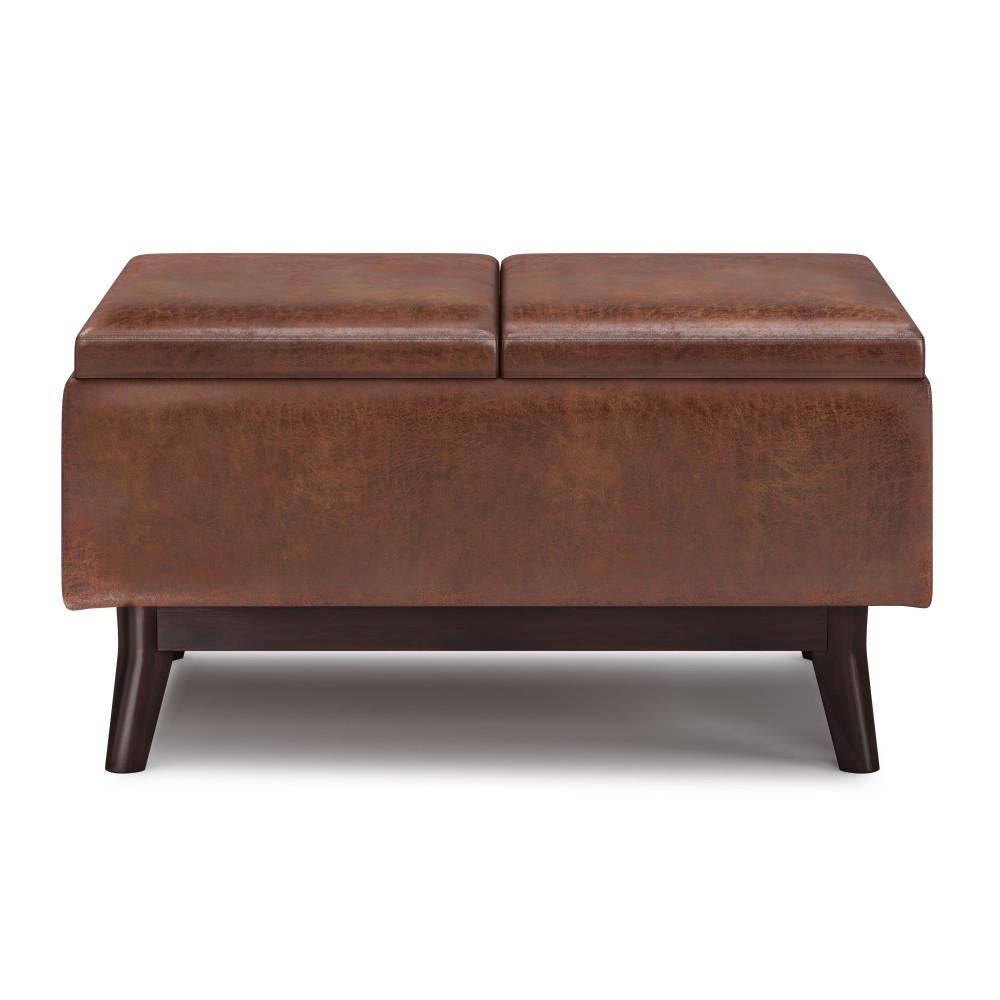 Distressed Saddle Brown Distressed Vegan Leather | Owen Tray Top Small Coffee Table Storage Ottoman