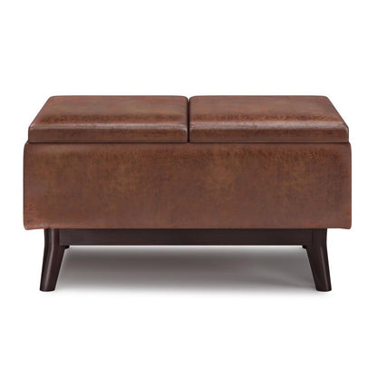 Distressed Saddle Brown Distressed Vegan Leather | Owen Tray Top Small Coffee Table Storage Ottoman