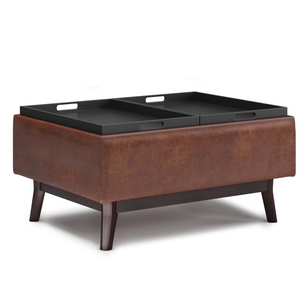 Distressed Saddle Brown Distressed Vegan Leather | Owen Tray Top Small Coffee Table Storage Ottoman