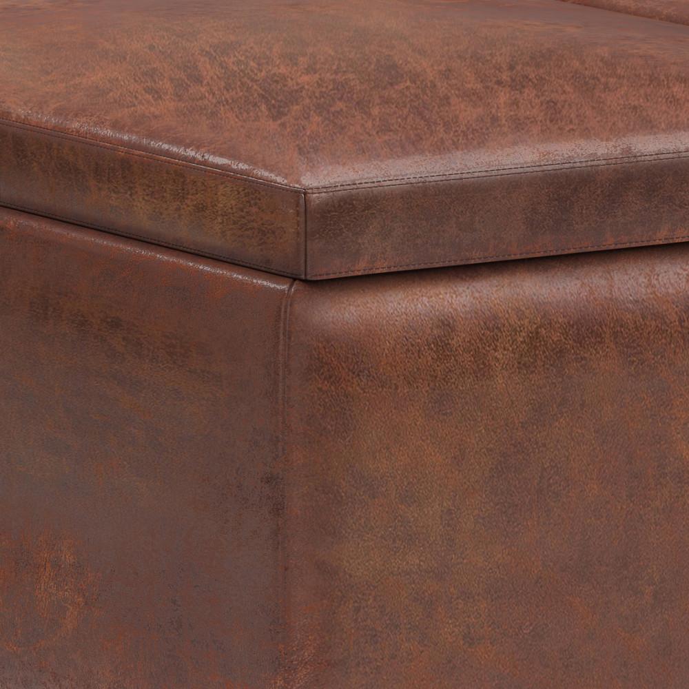 Distressed Saddle Brown Distressed Vegan Leather | Owen Tray Top Small Coffee Table Storage Ottoman
