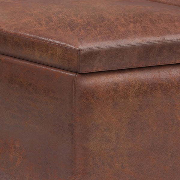 Distressed Saddle Brown Distressed Vegan Leather | Owen Tray Top Small Coffee Table Storage Ottoman