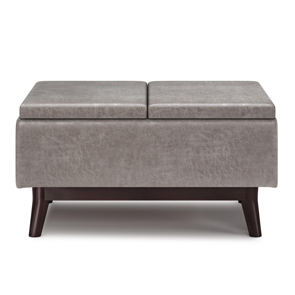 Distressed Grey Distressed Vegan Leather | Owen Tray Top Small Coffee Table Storage Ottoman