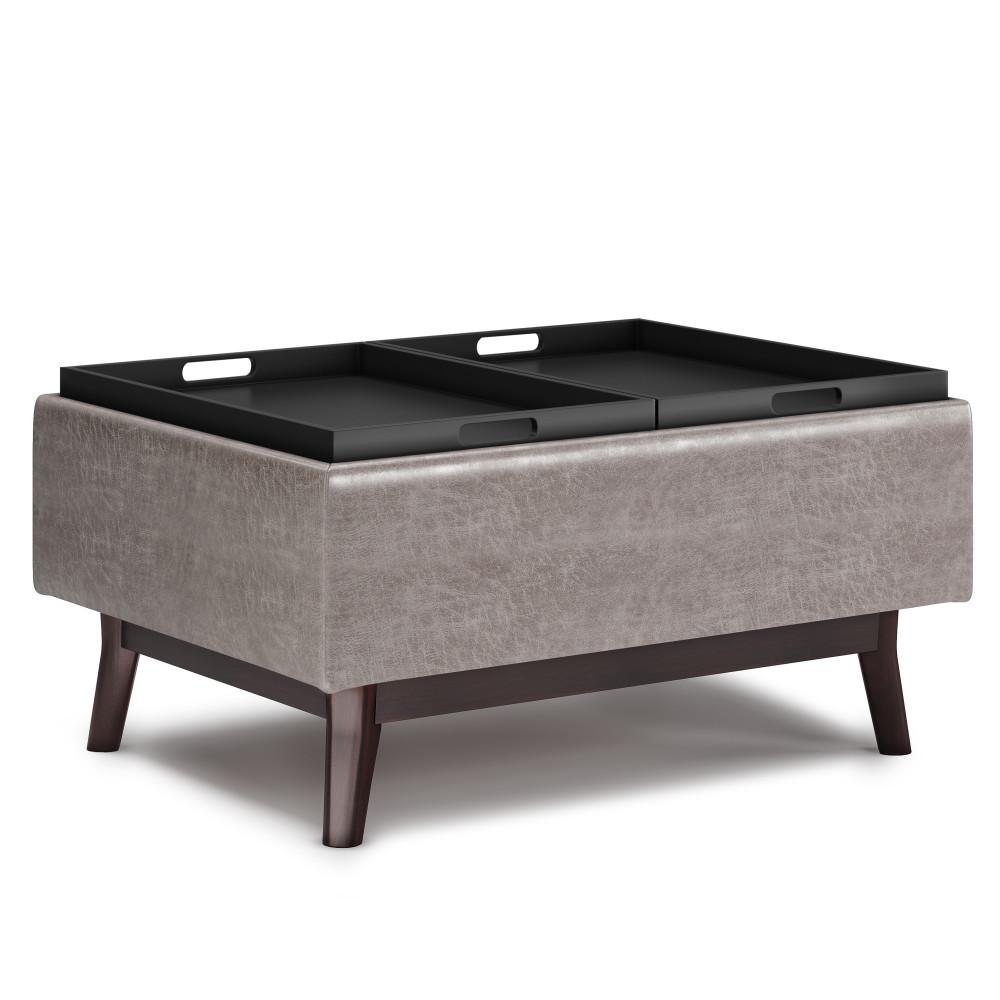 Distressed Grey Distressed Vegan Leather | Owen Tray Top Small Coffee Table Storage Ottoman