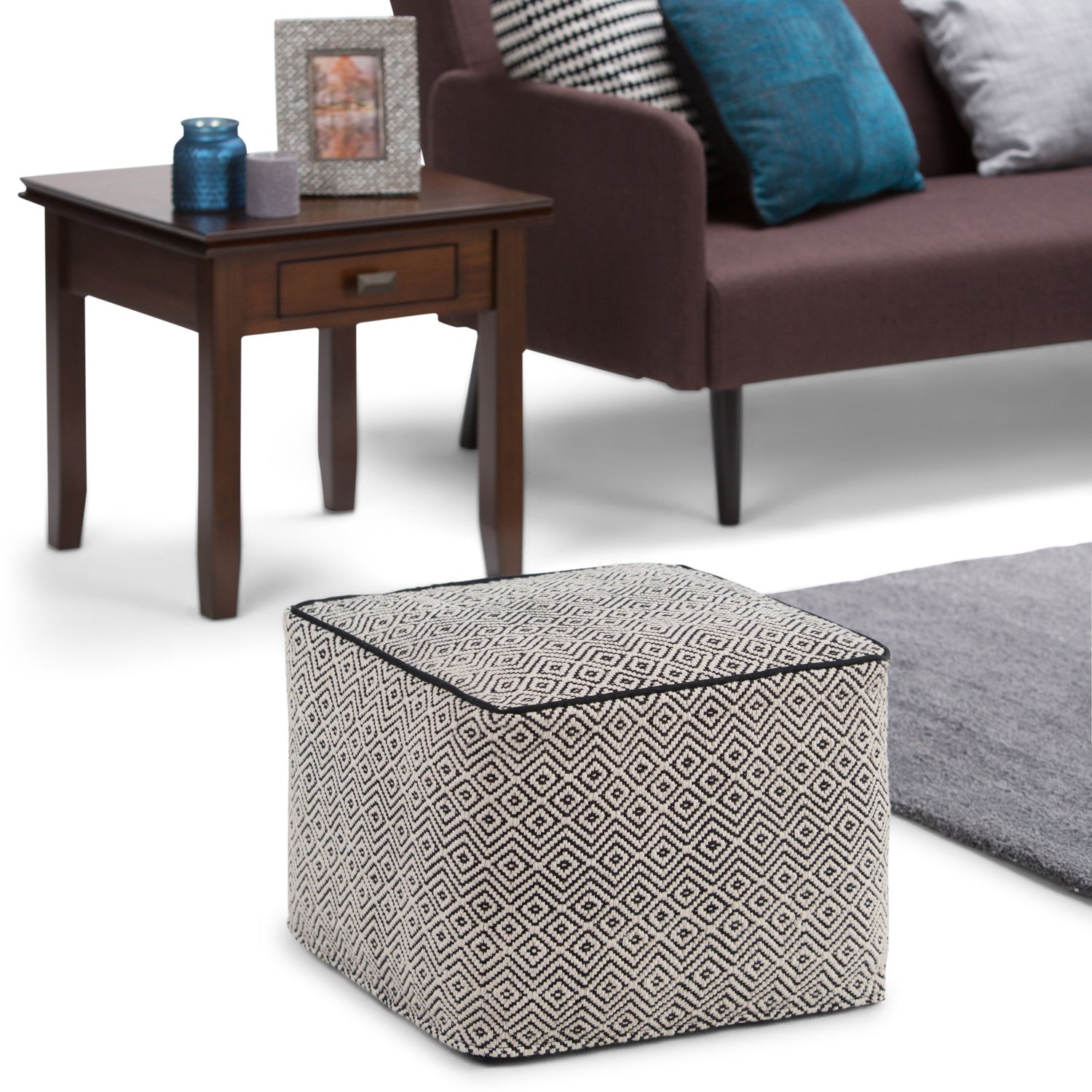 Patterned Black and Natural | Brynn Patterned Square Pouf
